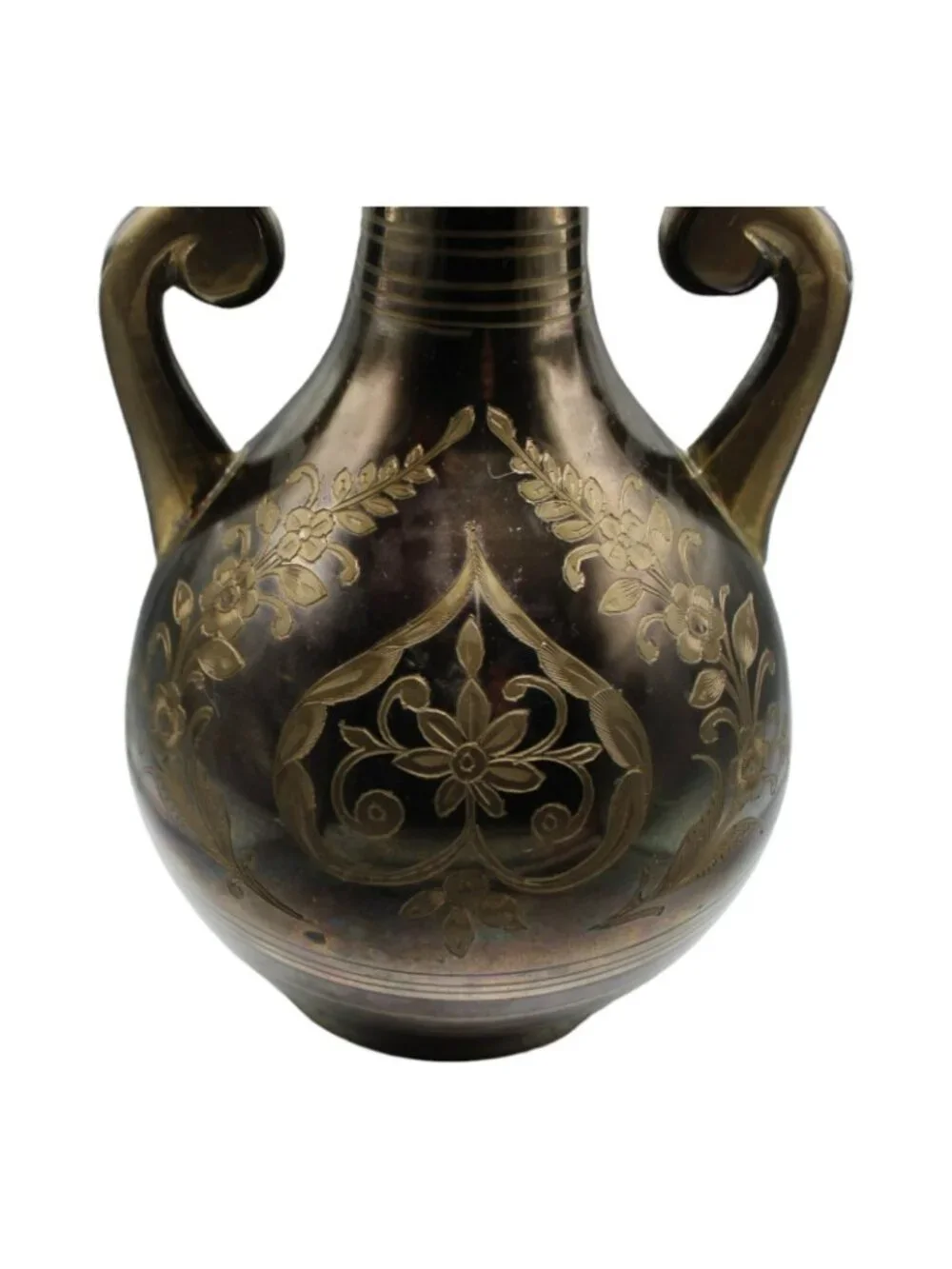 Vintage Solid Brass Vase Handles Etched Peacock & Inverted Heart Ruffled Top